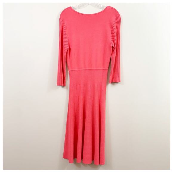 Soft Surroundings Knit 3/4 Ribbed Belled Sleeves Fit & Flare Coral Midi Dress - Picture 1 of 4